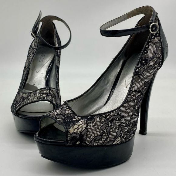 Guess Black And White Lace Platform Stilettos With Ankle Straps Size 7.5 - Picture 2 of 10
